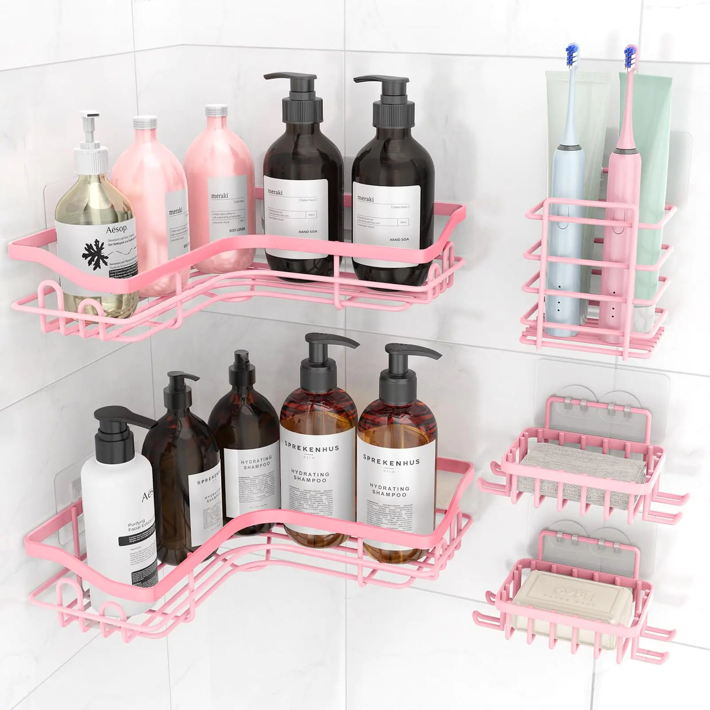 5 Piece Pink Corner Shower Caddy Adhesive
